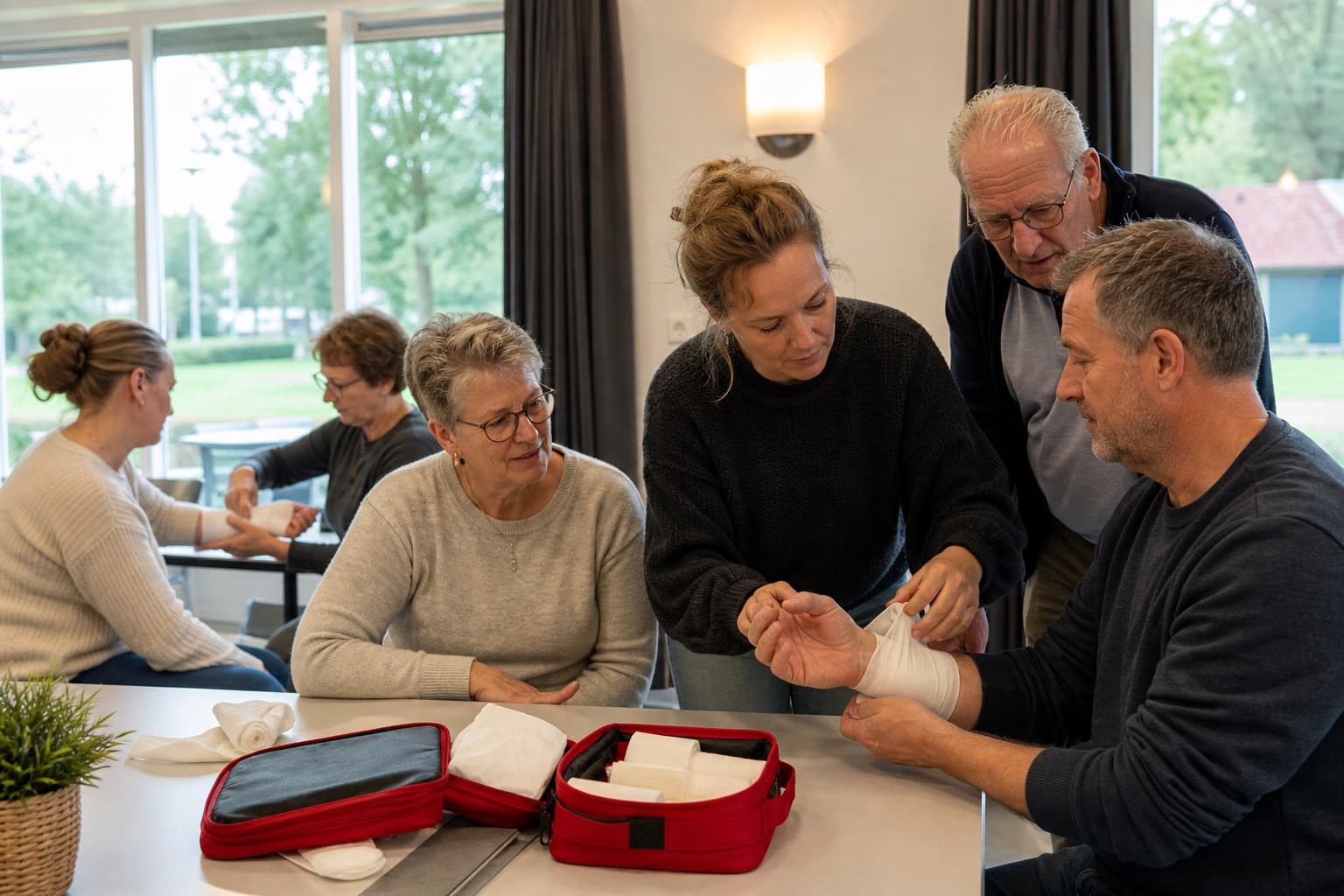 Lokale vrijwilligers oefenen samen eerste hulp tijdens een cursusavond