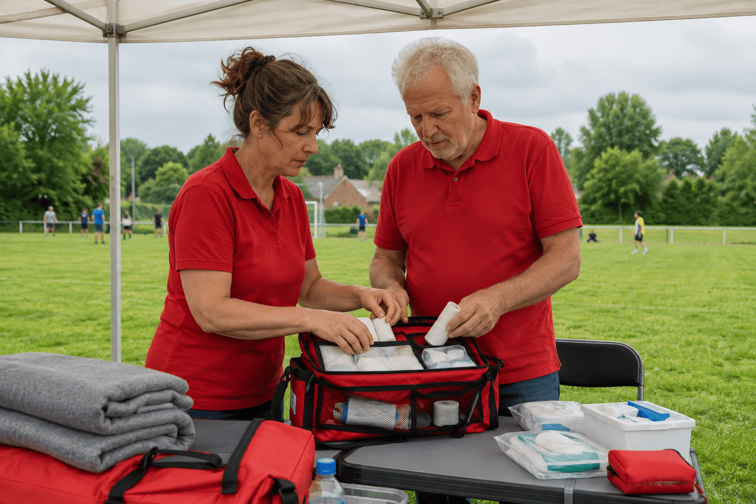 Gegenereerde impressie van vrijwilligers die een EHBO-post bij een sportveld voorbereiden.